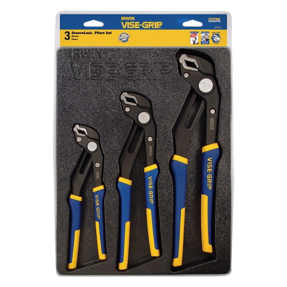 IRWIN® - Vise-Grip™ GrooveLock™ 3-piece V-Jaws Multi-Material Handle Push Button Ratcheting Tongue & Groove Pliers Set 3 IRWIN® - Vise-Grip™ GrooveLock™ 3-piece V-Jaws Multi-Material Handle Push Button Ratcheting Tongue & Groove Pliers Set
